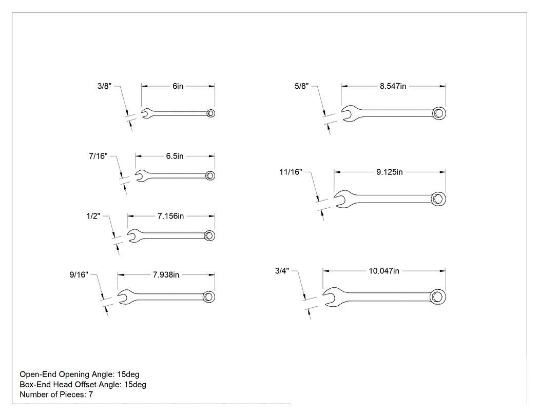 Teknik Çizim - 12 Uçlu Açıklık Kombinasyon Anahtarı, 7 Parça İnç Set, Parlatılmış