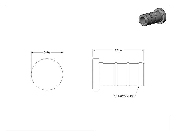 Teknik Çizim - İçme Suyu için Tırnaklı Boru Bağlantı Parçası, 3/8" Boru İç Çapı için Fiş