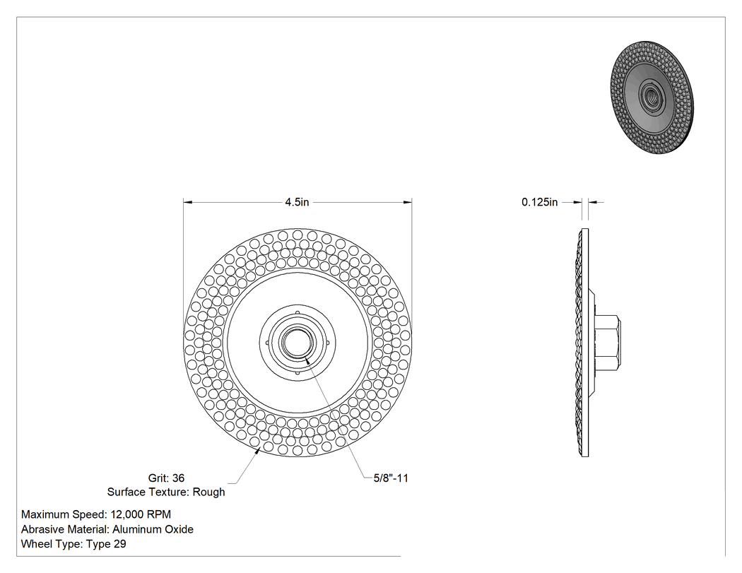 Teknik Çizim - Kavisli Yüzeyli Açılı Taşlama Makinesi Tekerleği - Metallerde Kullanım, Esnek, 4-1/2" Çap, 5/8"-11 Mil Deliği, 36 Kum
