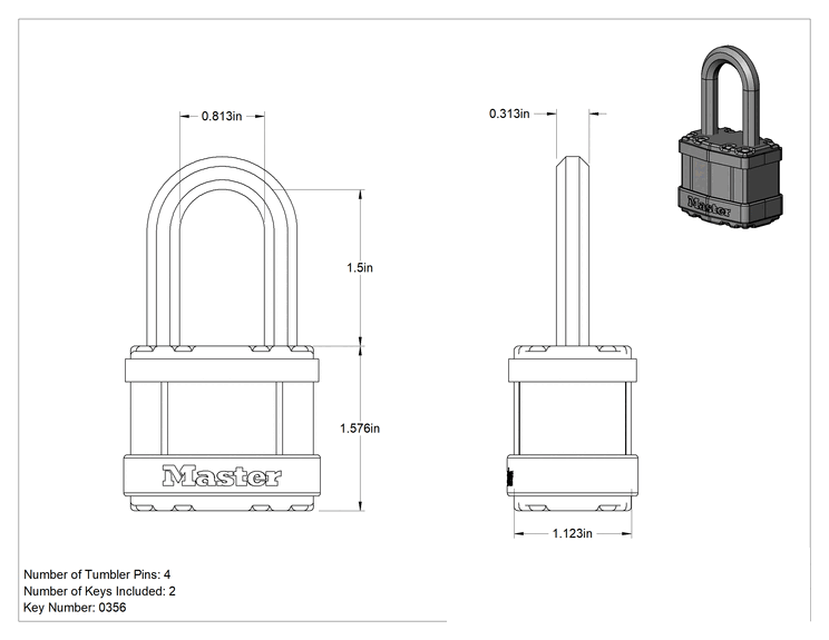 Teknik Çizim - Lamine Çelik Gövdeli Hava Koşullarına Dayanıklı Asma Kilit, Master Lock M1Kalfsts, Anahtar Numarası, 0356 ile Aynı Anahtarlı