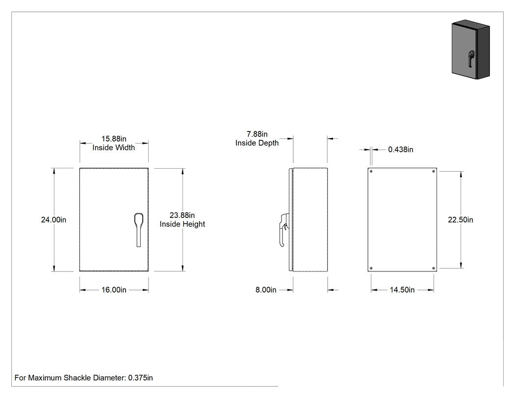 Teknik Çizim - 304 Paslanmaz Çelik Su Geçirmez Muhafaza, Menteşeli Kapak ve Tutamak Mandallı, 24" x 16" x 8"