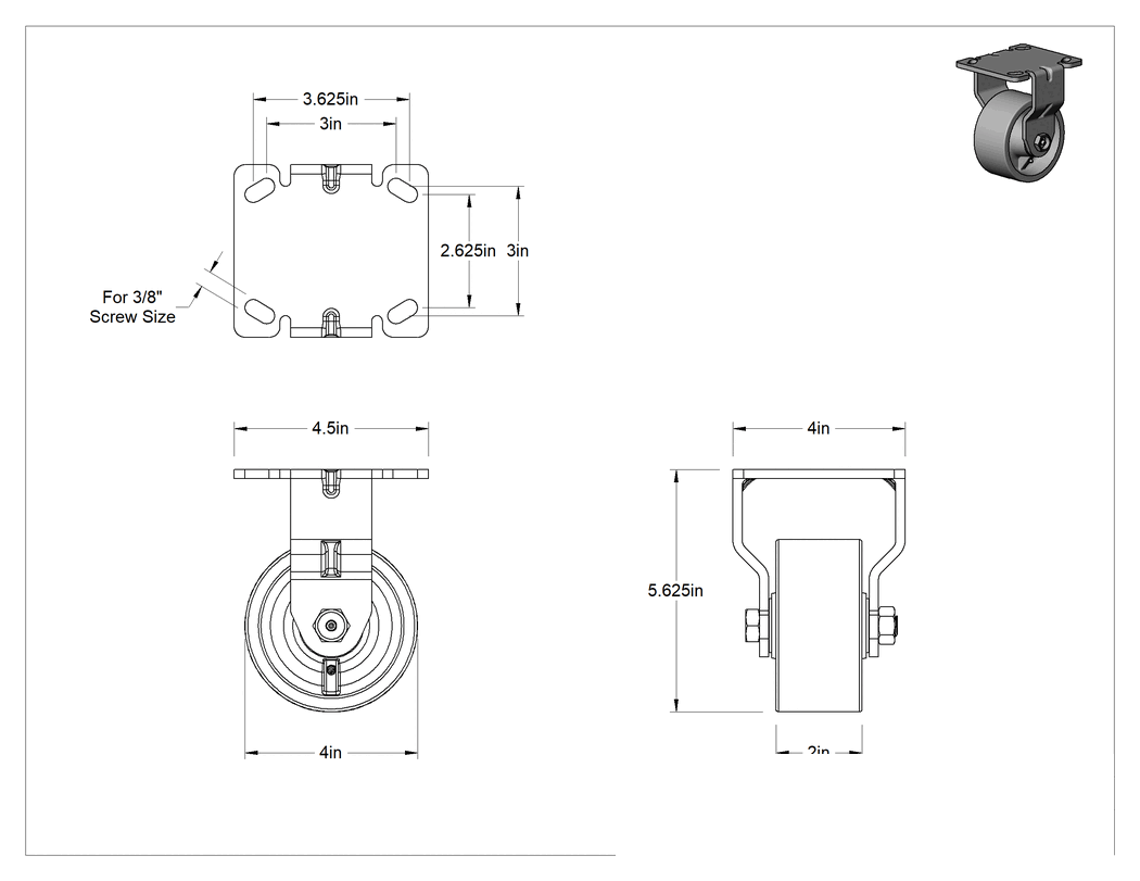 Teknik Çizim - 4-1/2" x, 4" Plakalı Yüksek Kapasiteli Mauler Tekerlek, 4 inç Çapında Metal Tekerlekli Sert