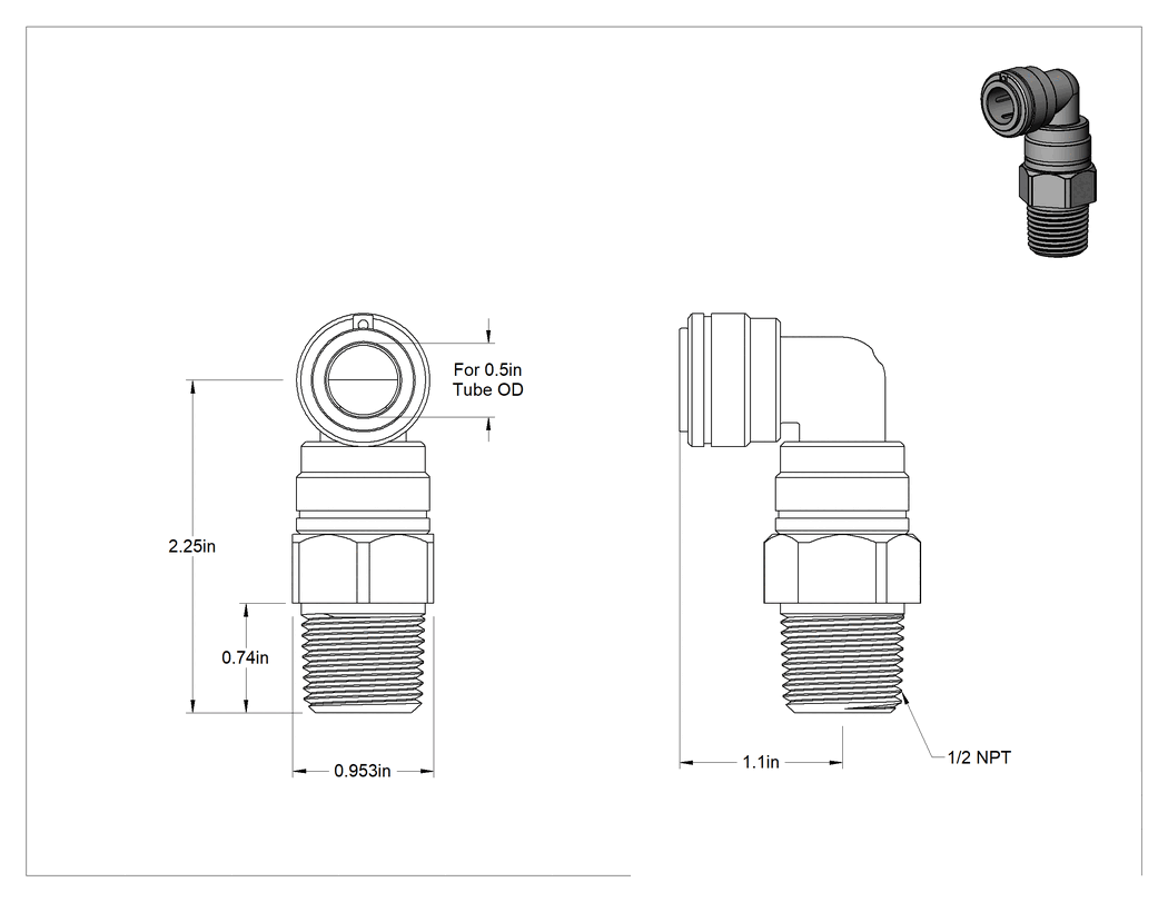 Teknik Çizim - Asetal Plastik Çekvalf, 1/2 NPT Erkek x 1/2" Dişi Bas-Bağla, Dirsek