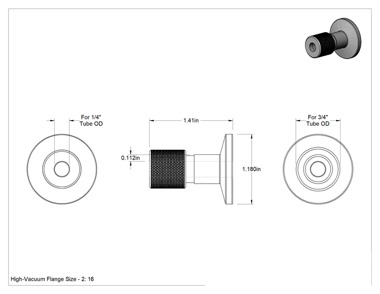 Teknik Çizim - Paslanmaz Çelik Borular için Hızlı Bağlantılı Yüksek Vakum Bağlantı Parçası, 1/4" Boru Dış Çapı için Düz Adaptör, Flanş Boyutu 16
