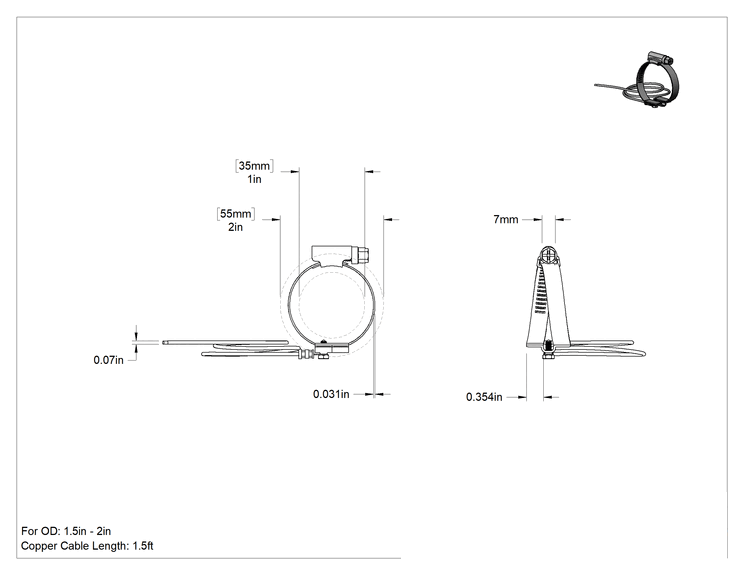 Teknik Çizim - Topraklama Kablolu Kanal Hortum Kelepçesi, 1-3/8"-2" dış çap için, 1-3/8" ila 2-3/16" Kelepçe İç Çap Aralığı