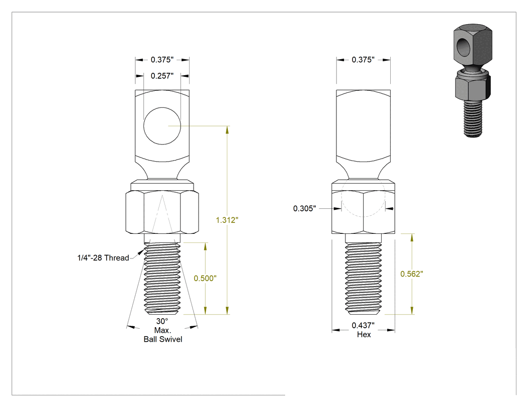 Teknik Çizim - Bilyeli Mafsallı Döner Mil Ucu, 1/4"-28 Diş
