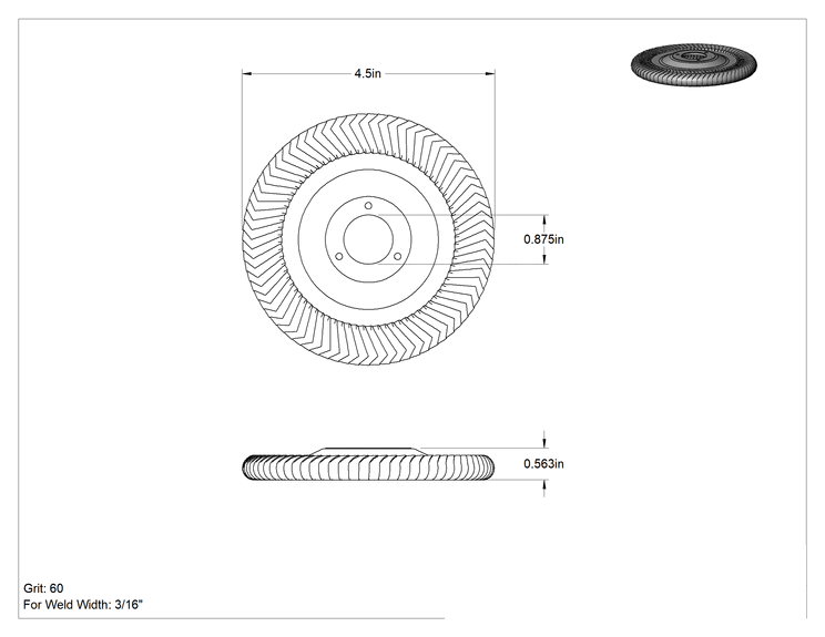 Teknik Çizim - Dik Açı Kaynaklar için Kanatlı Zımpara Diski, Paslanmaz Çelik ve Sert Metal Üzerine, Dişsiz Delik, 4.5 inç Çap, 3/16" Kaynak