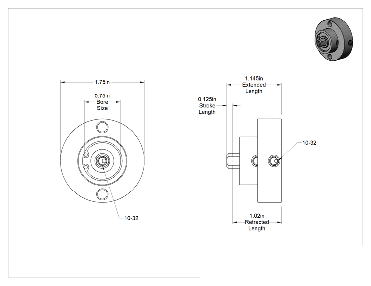 Teknik Çizim - Dar Alanlar için Yuvarlak Gövdeli Hava Silindiri, 3/4" Delik Boyutu, 1-3/4" Dış Çap, 1/8" Strok Uzunluğu