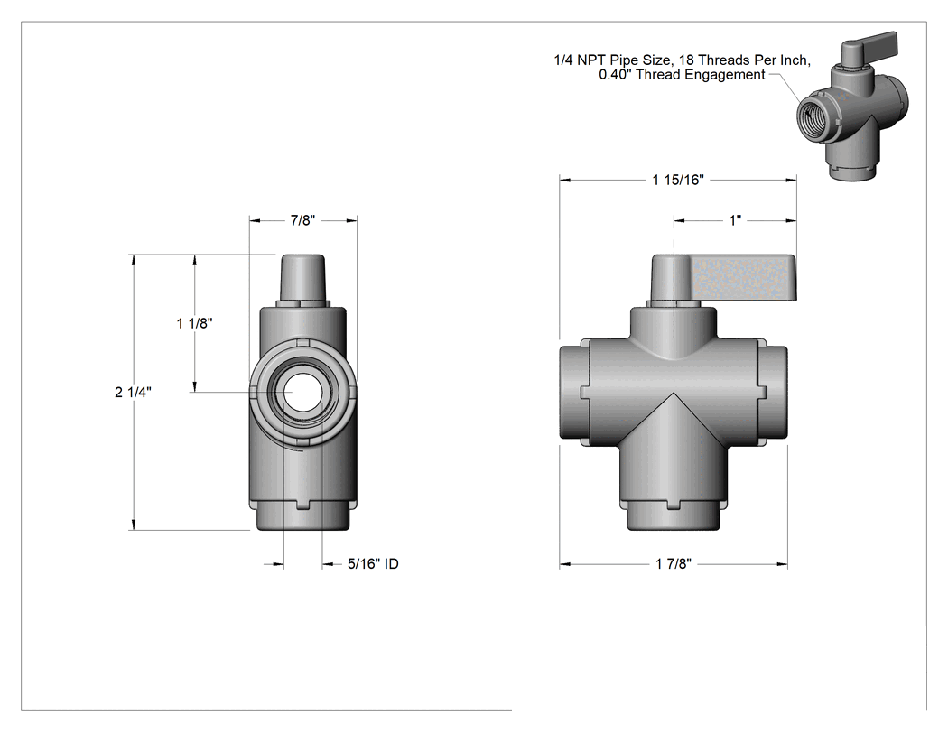 Teknik Çizim - Kompakt Yön Değiştirme Vanası, 1/4 NPT Dişi x Dişi