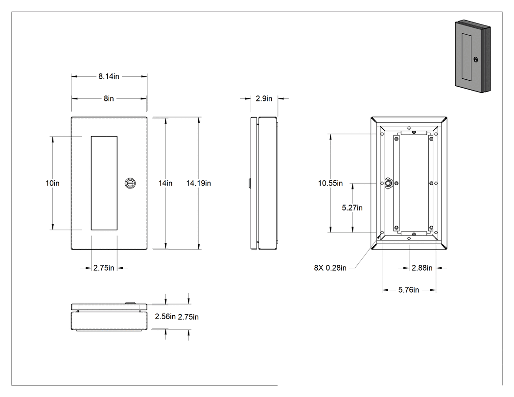 Teknik Çizim - Muhafazalar için Şeffaf HMI Kapağı, Yivli Mandal Kapatma, Çelik, 14-3/16" Yükseklik x 8-1/8" Genişlik