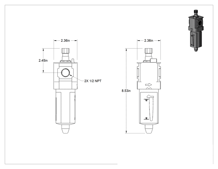 Teknik Çizim - Parker Modüler Basınçlı Hava Yağlayıcı, Seri P31lb, 1/2 NPT Dişi