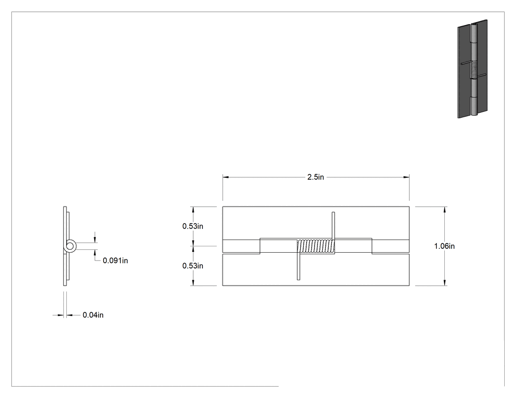 Teknik Çizim - Yaylı Menteşe, Kendinden Kapanan, Alüminyum, 2-1/2" x 17/32" Kapı Kanadı