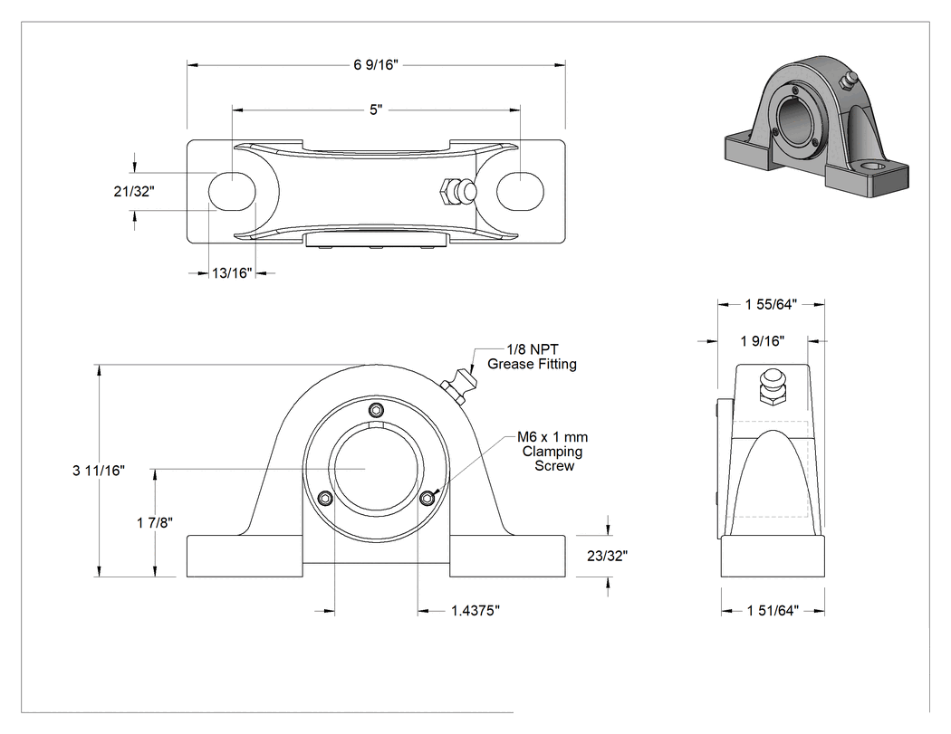 Teknik Çizim - Kelepçeli Monte Edilmiş Bilyalı Rulman, Tork Göstergeli, Ekranlı, 1-7/16" Mil Çapı için