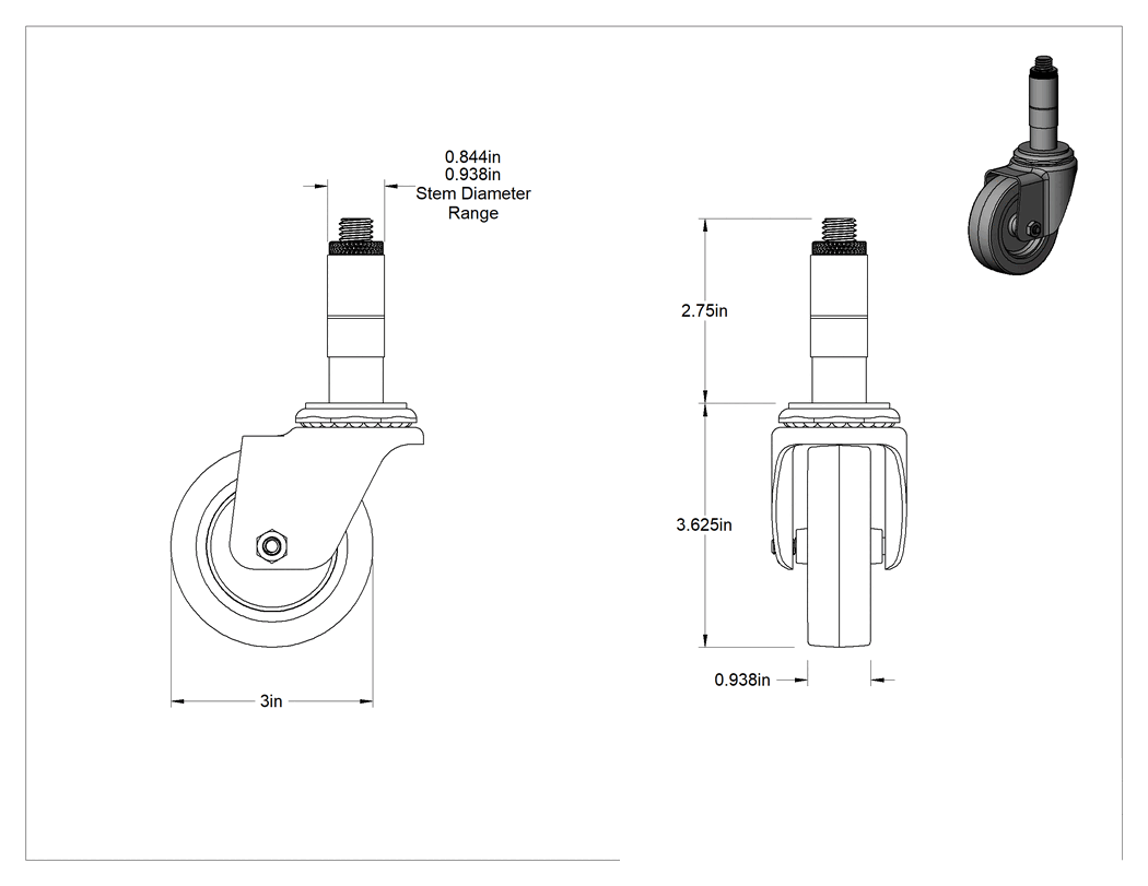 Teknik Çizim - Sürtünmeli Tutuşlu Saplı Tekerlek, 3" Çapında Kauçuk Tekerlek ve 27/32" ila 15/16" Mil Çapılı