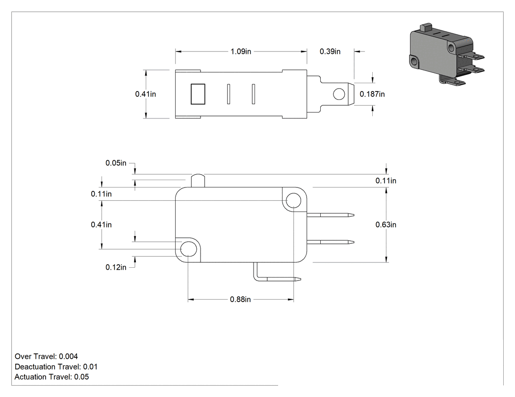 Teknik Çizim - Minyatür Anında Çalışan Anahtar, Hafif Dokunuş, Pistonlu Aktüatör, SPDT, 5A @ 250V AC