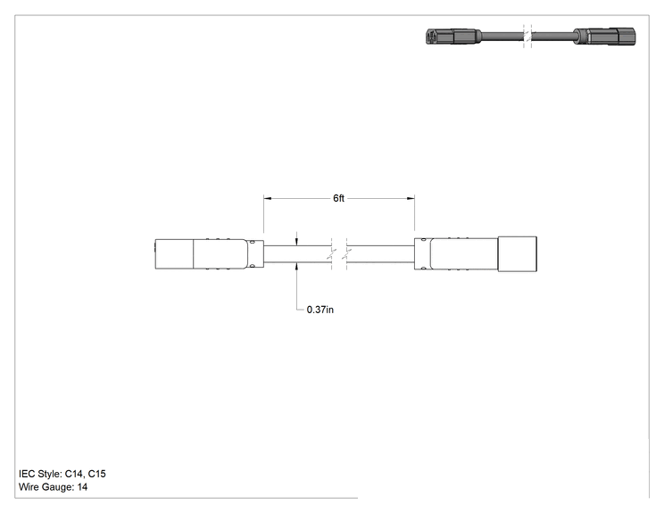 Teknik Çizim - Elektronik Ekipman Güç Kablosu, IEC C14 Fiş x IEC C15 Priz, 14 AWG, 6 Fit Uzunluk
