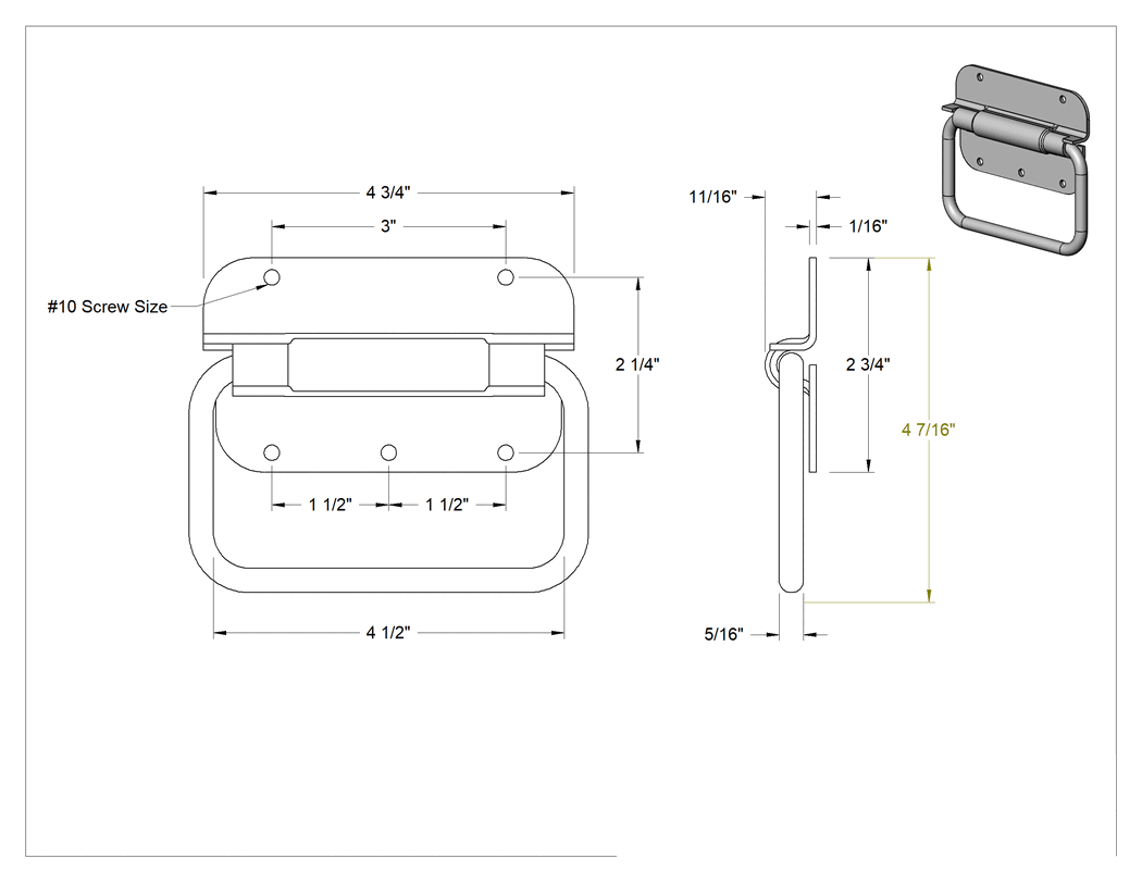 Teknik Çizim - Montaj Plakalı Yaylı Dişsiz Delik İçinden Montajlı Katlanır Çekme Kolları, 4-1/2" Genişlikte Sap