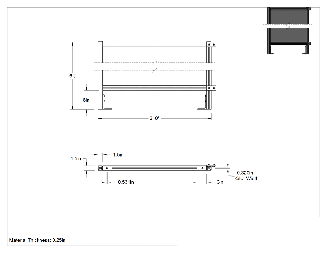 Teknik Çizim - Toplam Yükseklik 6 Fit x Genişlik 3'0", T-Yivli Çerçeveleme Makinesi Koruyucusu için Katı Panel