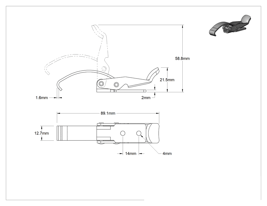 Teknik Çizim - Çekme Mandalı, Çakmasız, Boyalı Çelik, 3-9/16" Uzunluk x 11/16" Genişlik
