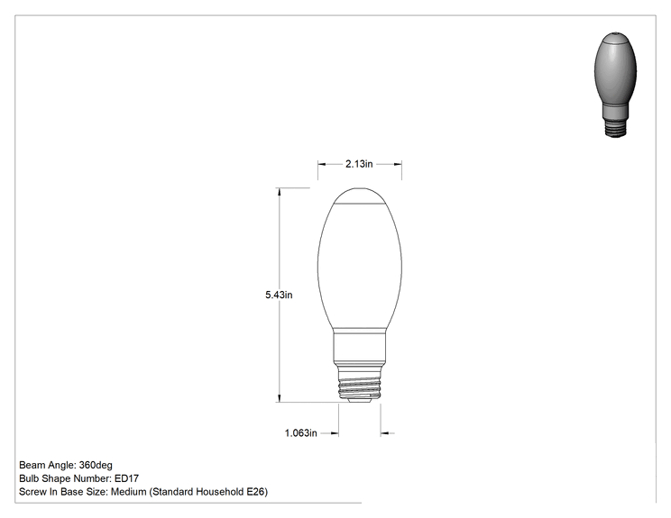 Teknik Çizim - Ampul, Yüksek Basınçlı Sodyum, Koni, E26 Taban, 50W, 4000 lümen