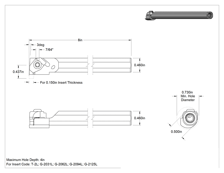 Teknik Çizim - Yüksek Performanslı Karbür Uç Tutucu, İç Diş Açma ve Yiv Açma için, Sağ Yönlü, Kod A08-ER2