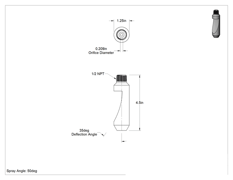 Teknik Çizim - Yüksek Darbe Dayanımlı Saptırmalı Düz Püskürtme Nozulu, PVC Plastik, 1/2 NPT Erkek, 5.6 gpm @ 20 PSI