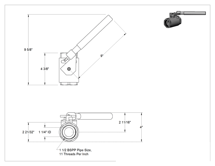Teknik Çizim - Açma/Kapama Vanası, Yaylı Kapatma Kolu Tutamağı ile Bronz Gövde, 1-1/2 BSPP Dişi