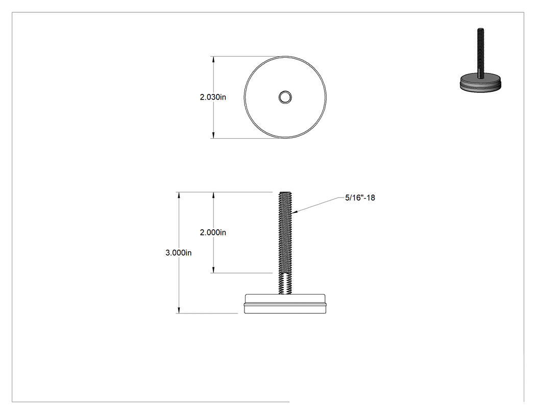 Teknik Çizim - Dişli Saplama ve Yastıklı Sert Seviyelendirme Montajı, Çinko Kaplı Çelik, Neopren Yastık, 5/16"-18 x 2" Uzunlukta Diş