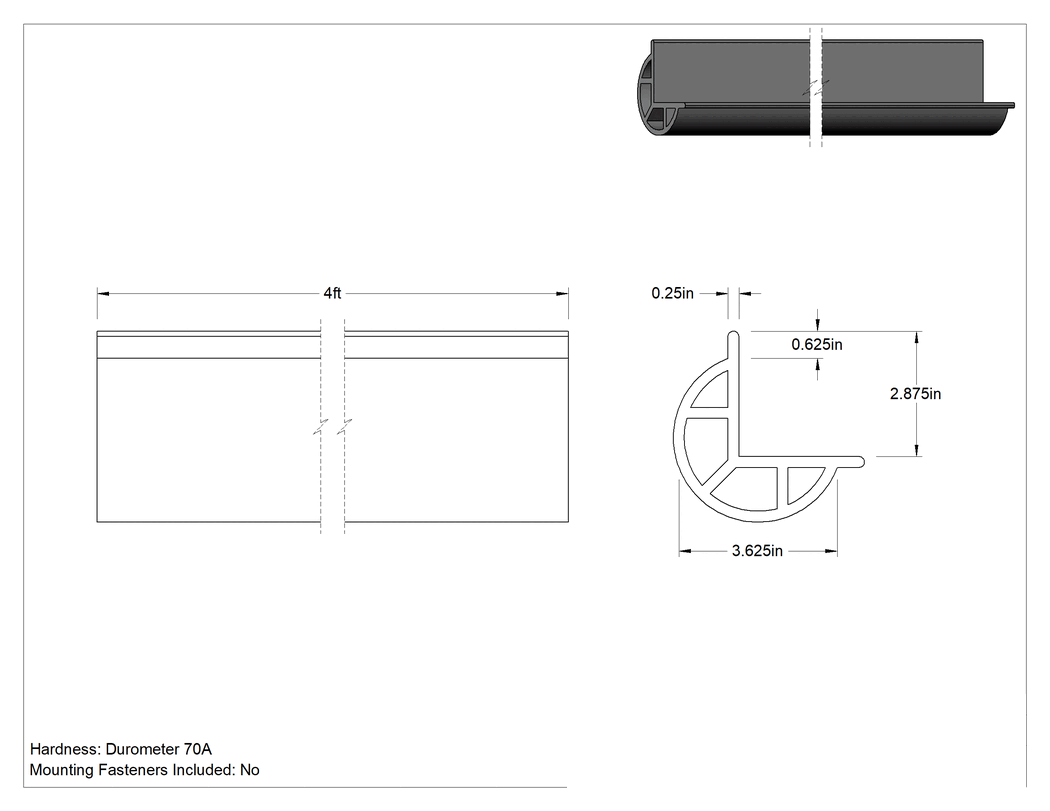 Teknik Çizim - Kabarık Profilli EPDM Kauçuk Köşe Koruyucu, 2-7/8" Genişlik, 4 Fit Uzunluk
