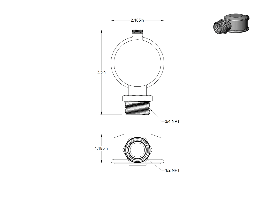 Teknik Çizim - Hava Tahliye Valfi, Buhar için, 15 PSI Maksimum Buhar Basıncı, 3/4 NPT Erkek
