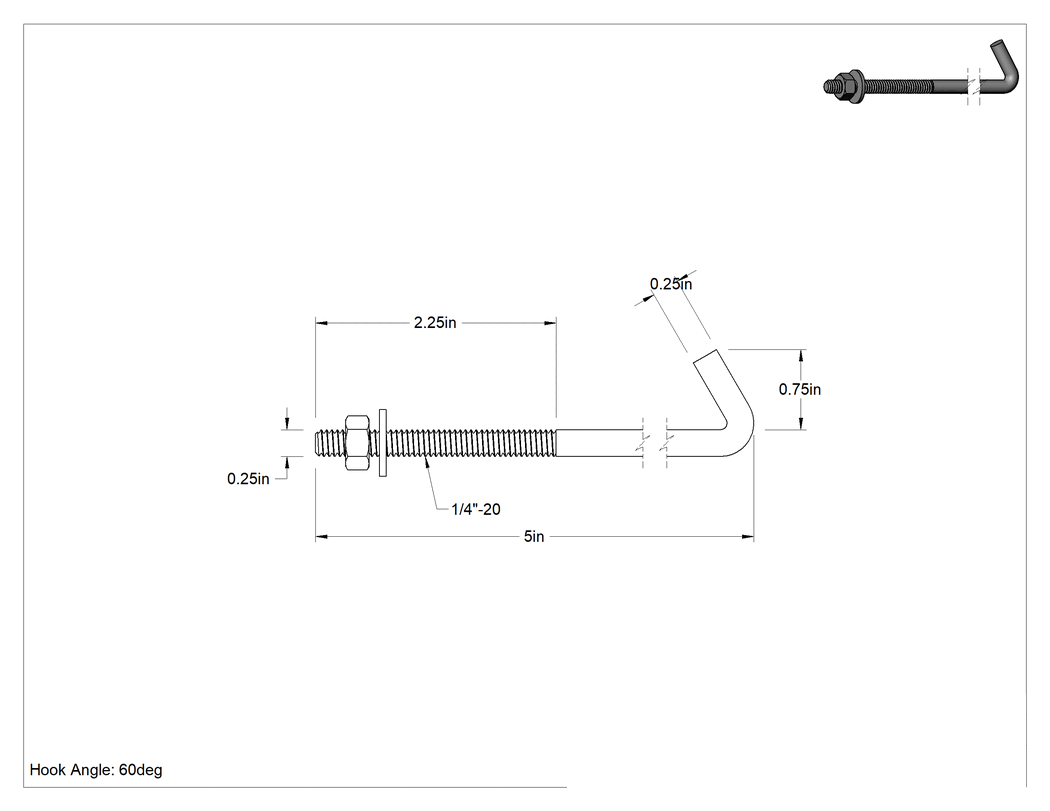 Teknik Çizim - Somun ve Pullu Düşük Mukavemetli Çelik Sabitleme Cıvatası, Yuvarlak Kancalı, Çinko Kaplamalı, 1/4"-20 Diş Boyutu, 5 inç Uzunluk