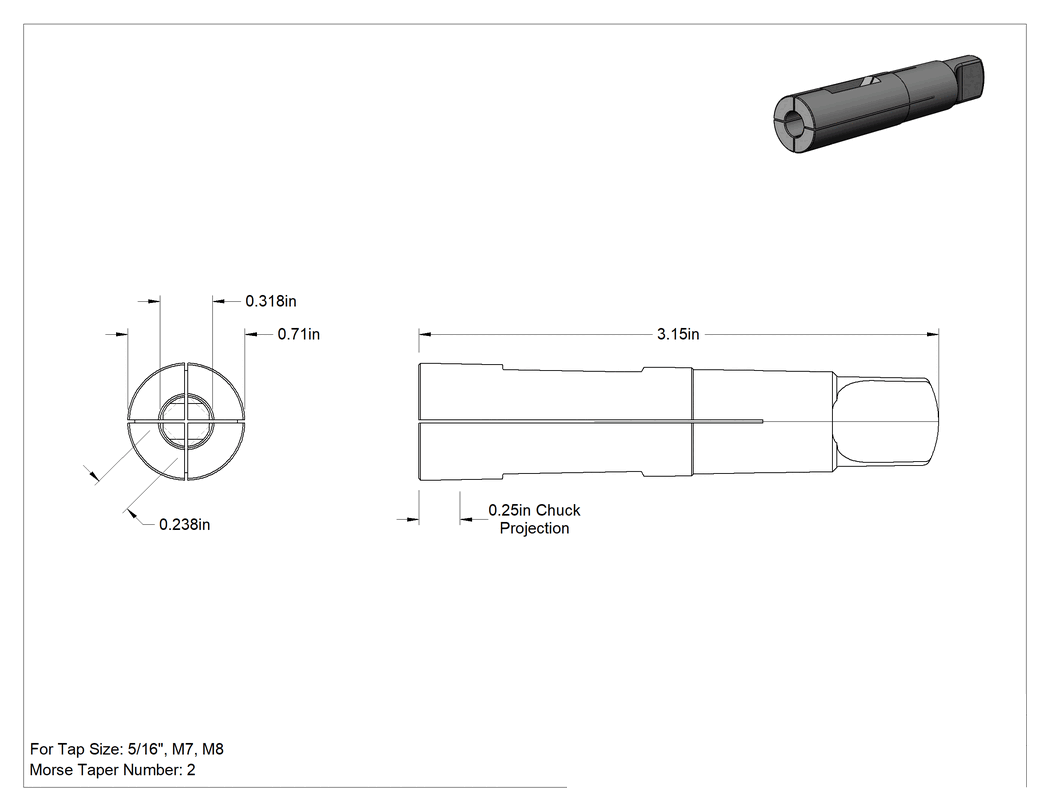 Teknik Çizim - Matkap Presi ve Freze Makinesi için Kılavuz Sürücü, Morse Konik 2 Mil ve 5/16" için, M7, M8 Kılavuz Boyutu