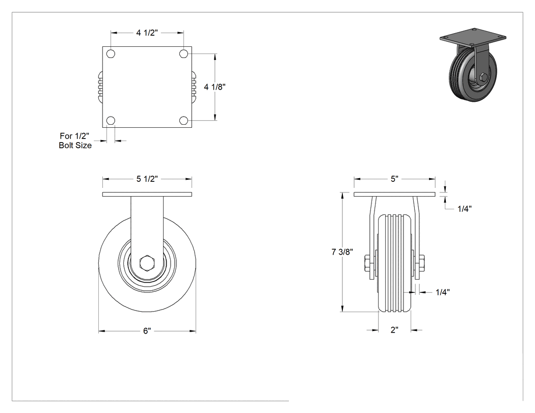 Teknik Çizim - 5-1/2" x 5" Montaj Plakalı Tekerlek, Düz-Sızdırmaz, 6 inç Çapında Kauçuk Tekerlekli Sert