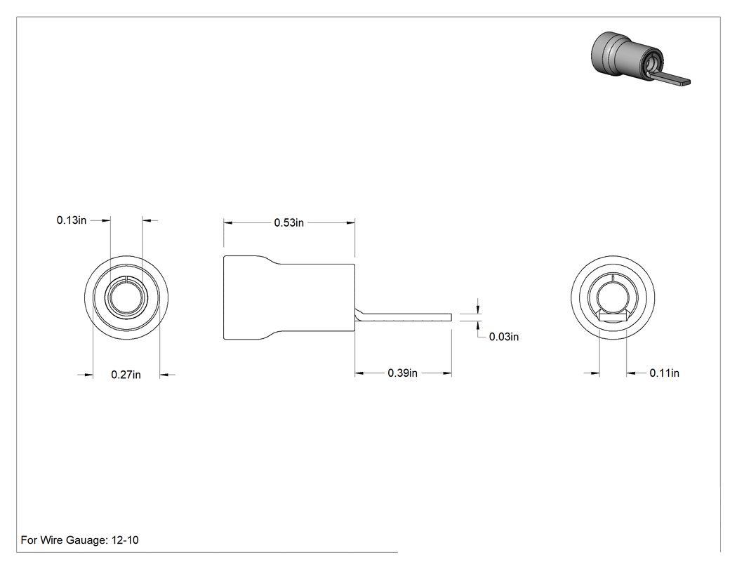 Teknik Çizim - Bıçak Terminalleri, Standart, 12-10 AWG, 0.39" Uzunluk x 0.11" Genişlik x 0.03" Kalınlık Bıçak