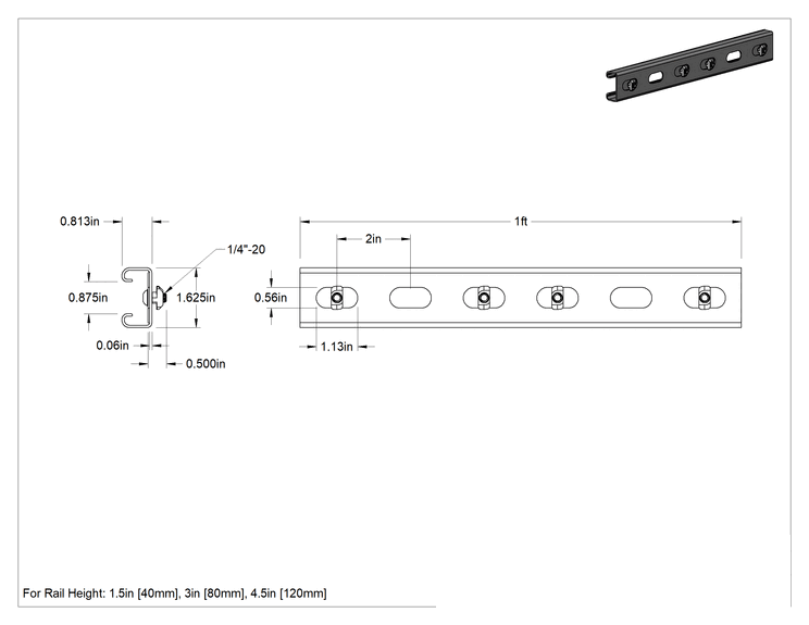 Teknik Çizim - T-Yivli Çerçeveleme için Strut Kanalı, Düşük Profil, Alüminyum, 1.5" ve 40 mm Yüksekliğinde Ray için, 1 fit Uzunluk