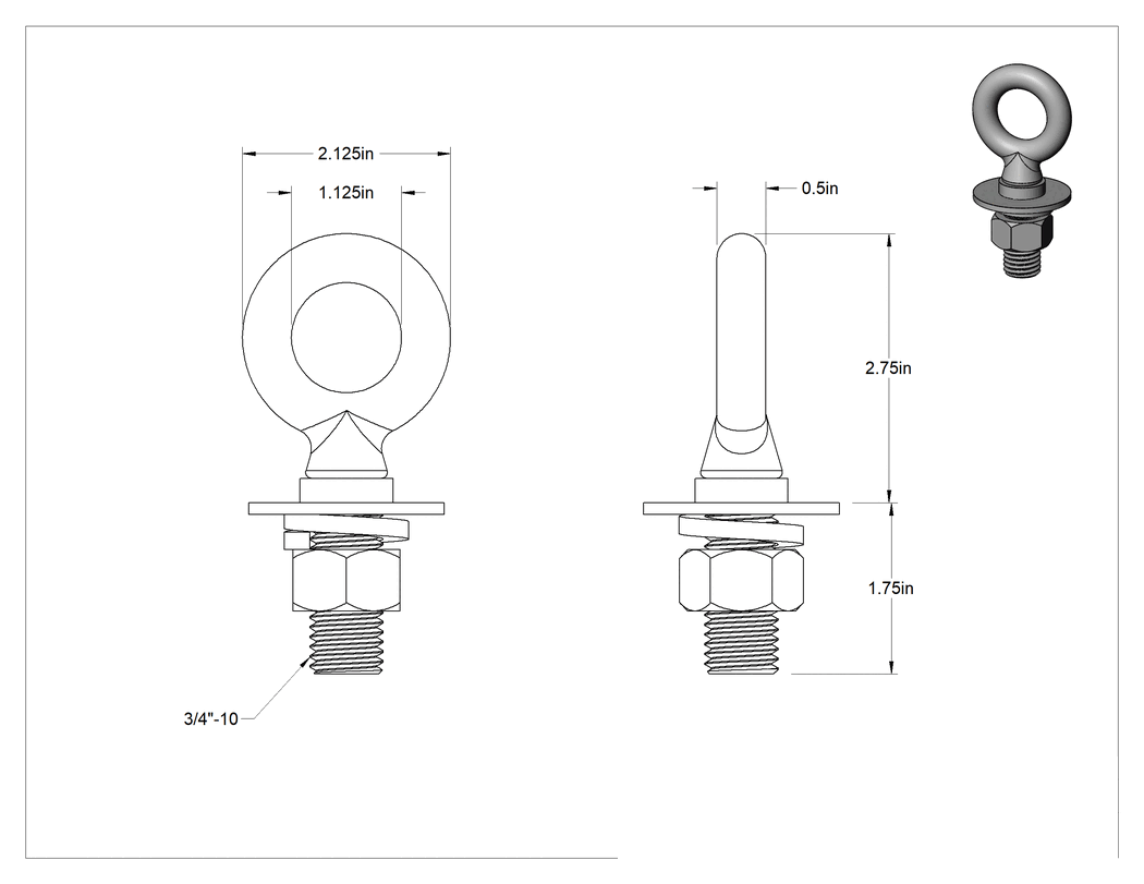 Teknik Çizim - Çıkarılabilir Yönlendirme Halka Cıvatası, Rigid, 3/4"-10 Diş, 1-3/4" Montaj Cıvatası Diş Uzunluğu
