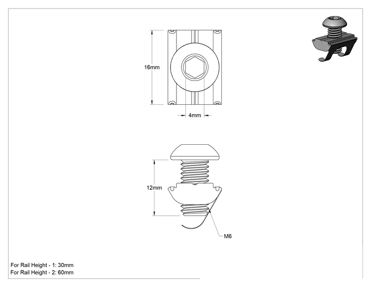 Teknik Çizim - T-Yivli Çerçeve, Gömme Yaylı Tırnaklı Somun ve Düğme Başlı Somun, 30 mm Ray için