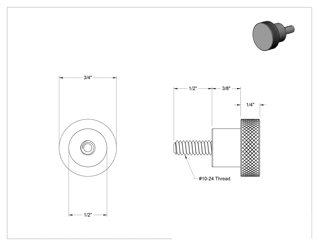 Teknik Çizim - Siyah Oksit Çelik Tırtıllı Tutma Düğmesi, 10-24 Dişli 1/2" Uzunlukta Saplama, 3/4" Çaplı Başlık
