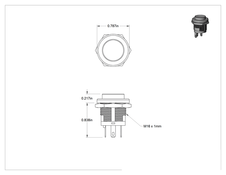 Teknik Çizim - 16 mm Panel Montajlı Basmalı Düğme Anahtarı, Tırnaklı Terminaller