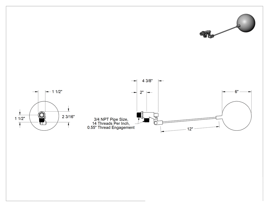 Teknik Çizim - 318 Paslanmaz Çelik Şamandıra Çubuklu PVC Şamandıra Valfi, Uzatılmış Dişli, 3/4 NPT Erkek Giriş, 15 gpm @ 50 PSI