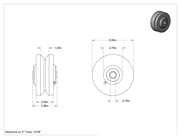 Teknik Çizim - Fenolik V-Yivli Ray Tekerleği, 6" Çap x 2-1/2" Genişlik