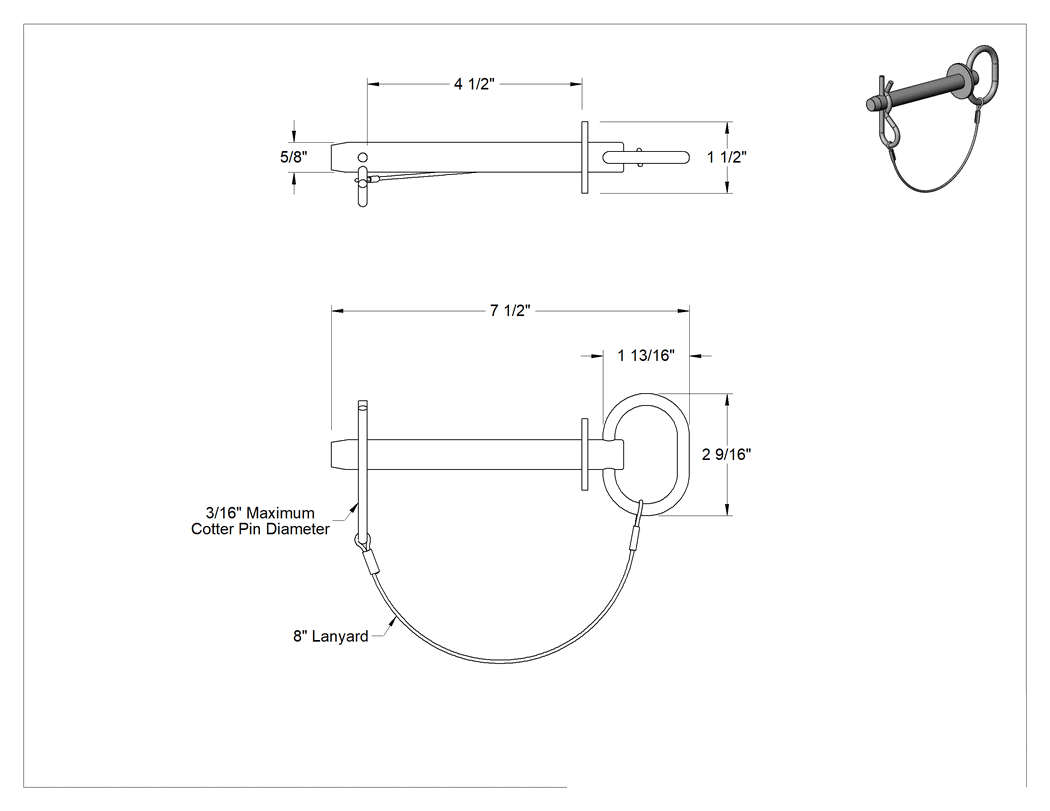 Teknik Çizim - Kopilyalı Bağlı Döngü Tutucu Çatal Pimi, 17-4 PH Paslanmaz Çelik, 5/8" Çap, 4-1/2" Kullanılabilir Uzunluk