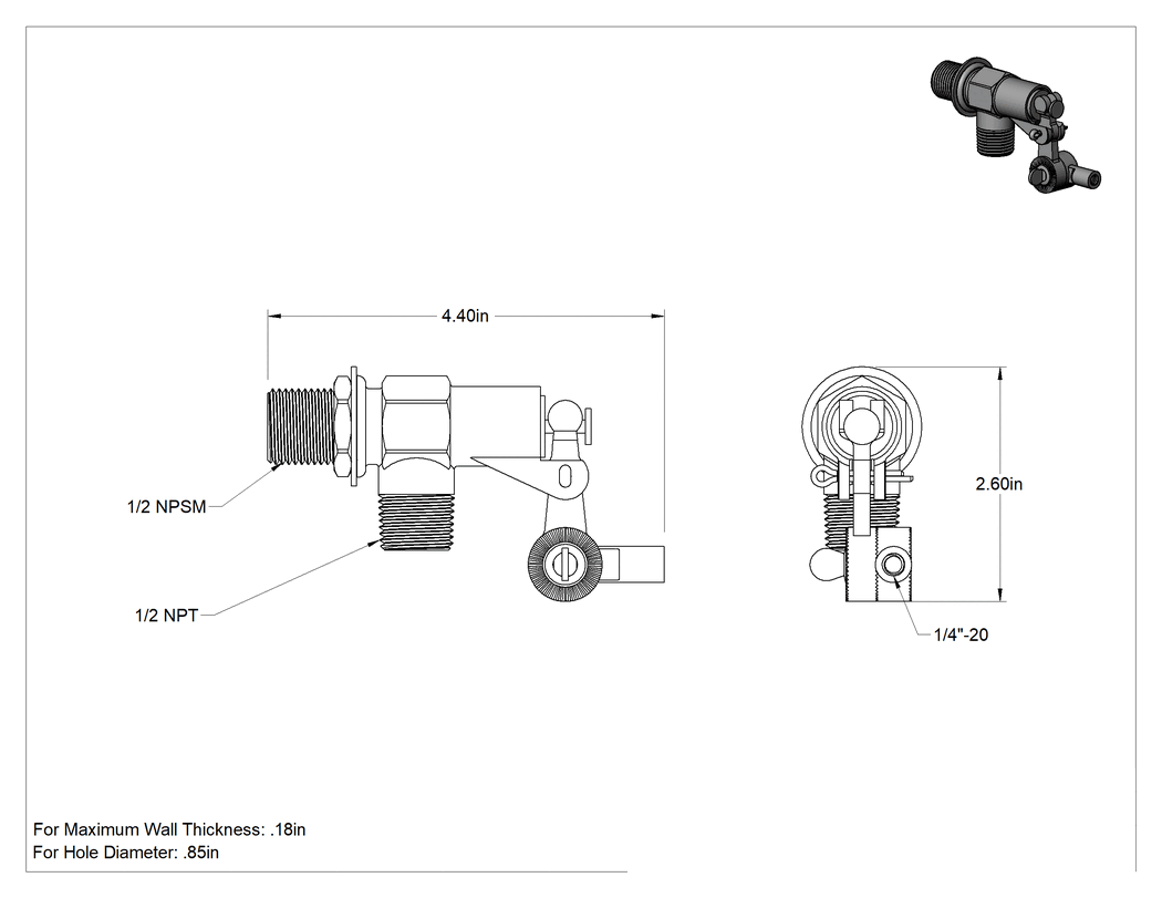 Teknik Çizim - Su için Şamandıralı Vana Gövdesi, Viton® Floroelastomer Conta, 1/2 NPT Erkek