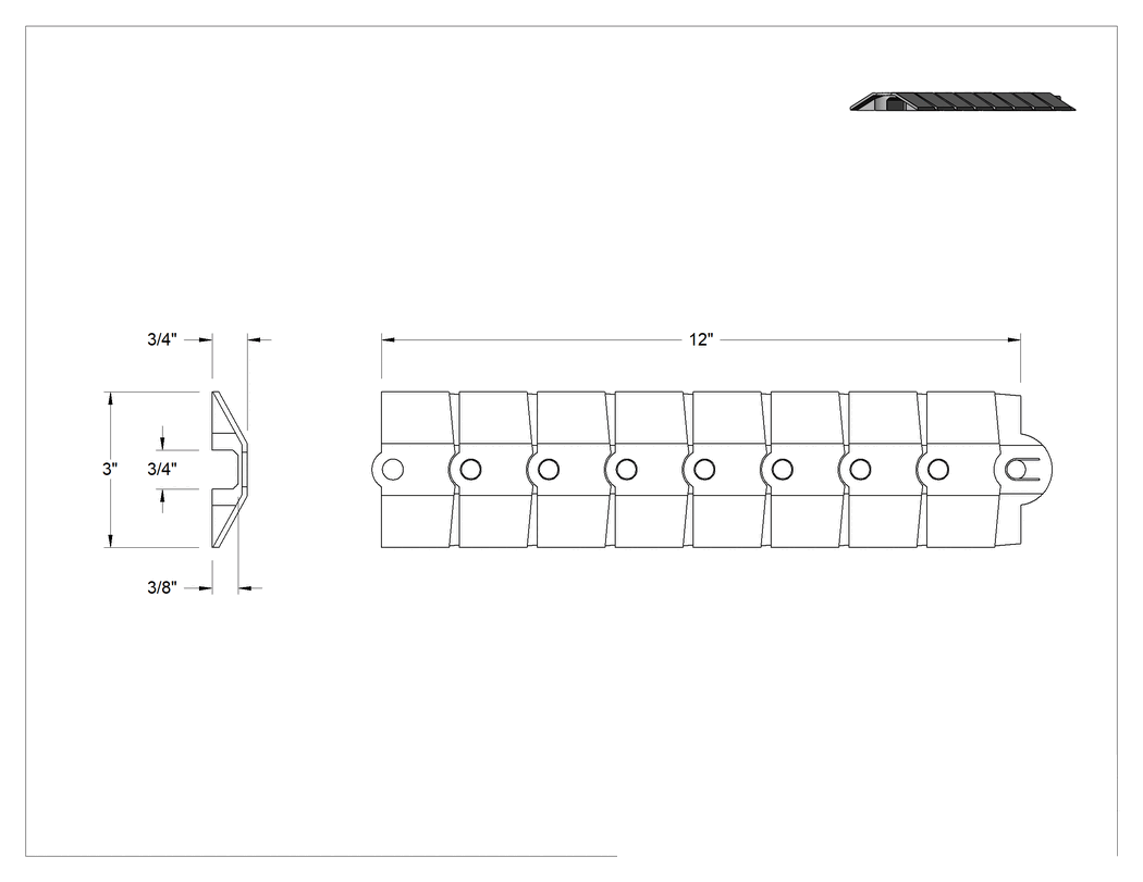 Teknik Çizim - Bükülebilir Drop-Over Kilitli Kablo Rampası, 3/4" Genişlik x 3/8" Yükseklik Kanallı, 1 ft. Uzunluk