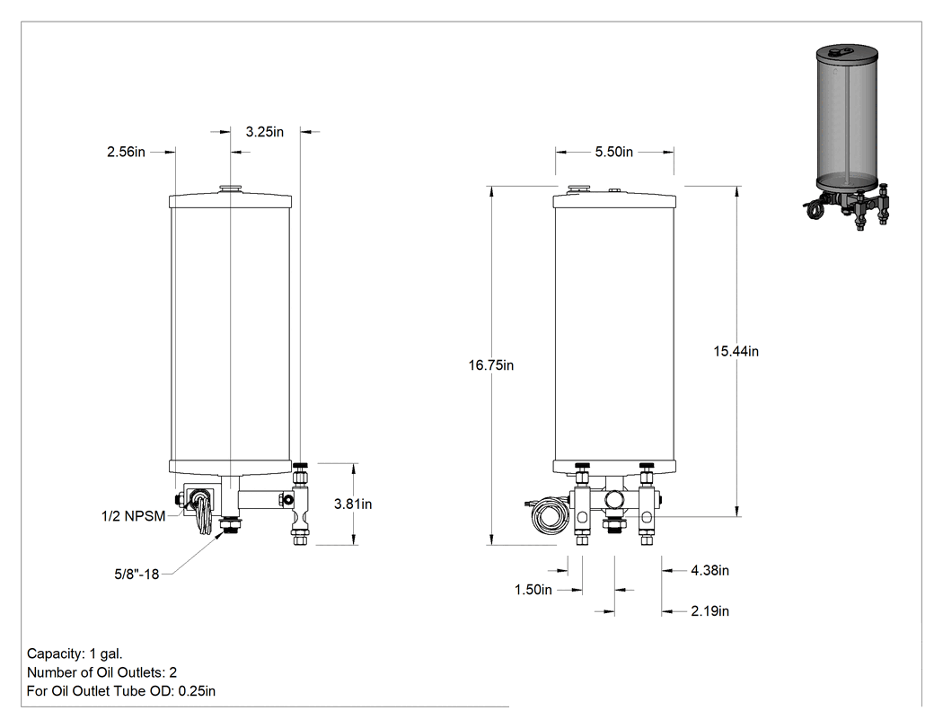 Teknik Çizim - Akış Ayar Valfli Yağ Dağıtıcı, Elektrikle Çalışan, 2 Çıkış, 128 oz. Kapasite, 24V DC