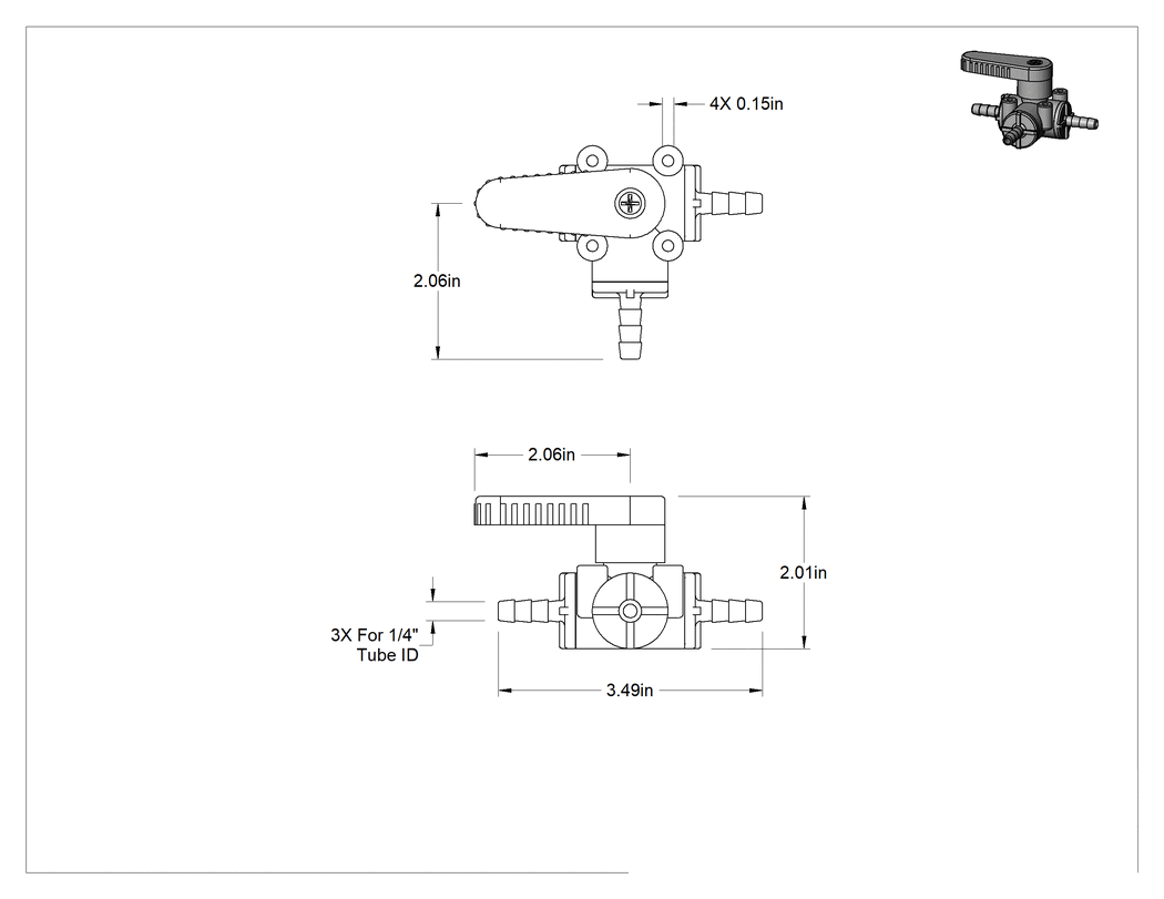 Teknik Çizim - Dişli Bağlantı Parçalı Yön Değiştirme Vanası, Yiyecek ve İçecek için, 1/4" Boru İç Çapı için