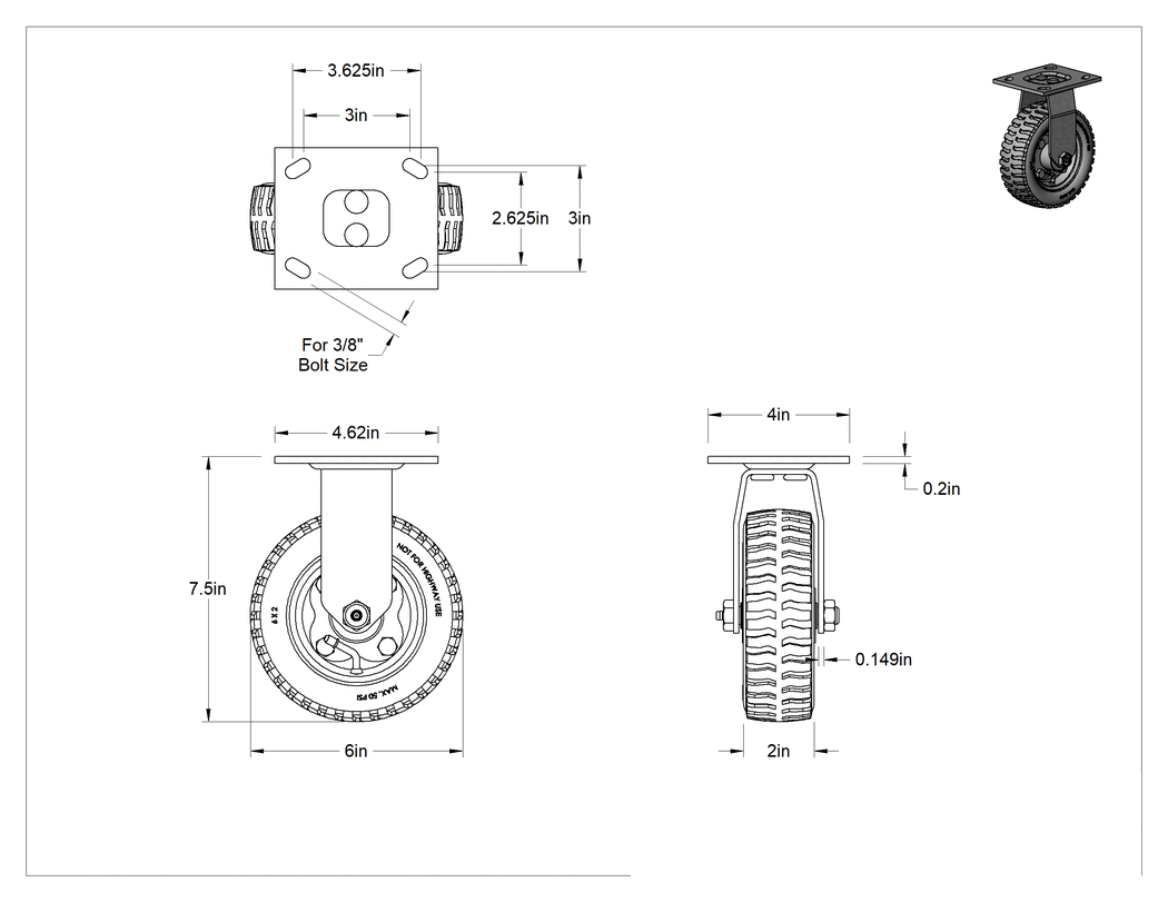 Teknik Çizim - 4-1/2" x 4" Plakalı Tekerlek, Pnömatik Sert Tekerlek, 6" Çapında Gri Kauçuk Tekerlek