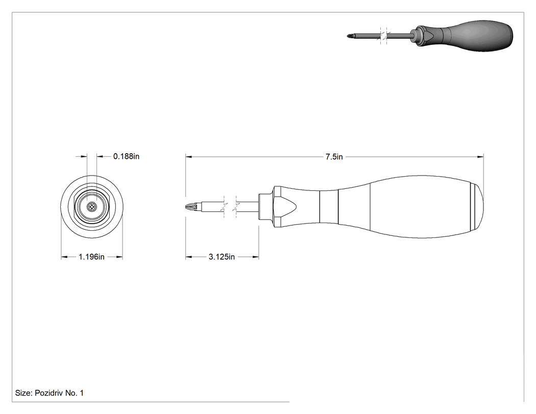 Teknik Çizim - Tornavida, 1 Numaralı Pozidriv®, 7-1/2" Toplam Uzunluk