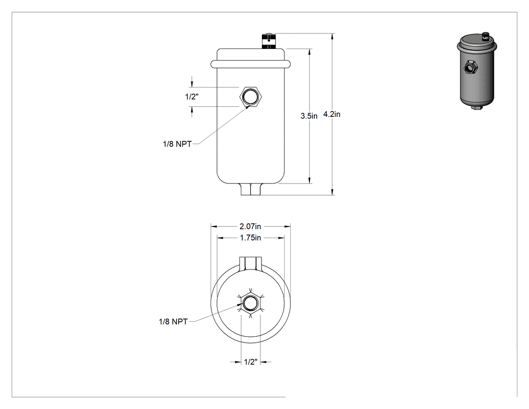 Teknik Çizim - Su ve Soğutucu Sıvı için Hava Tahliye Valfi, 1/8 NPT Dişi Giriş ve Çıkış