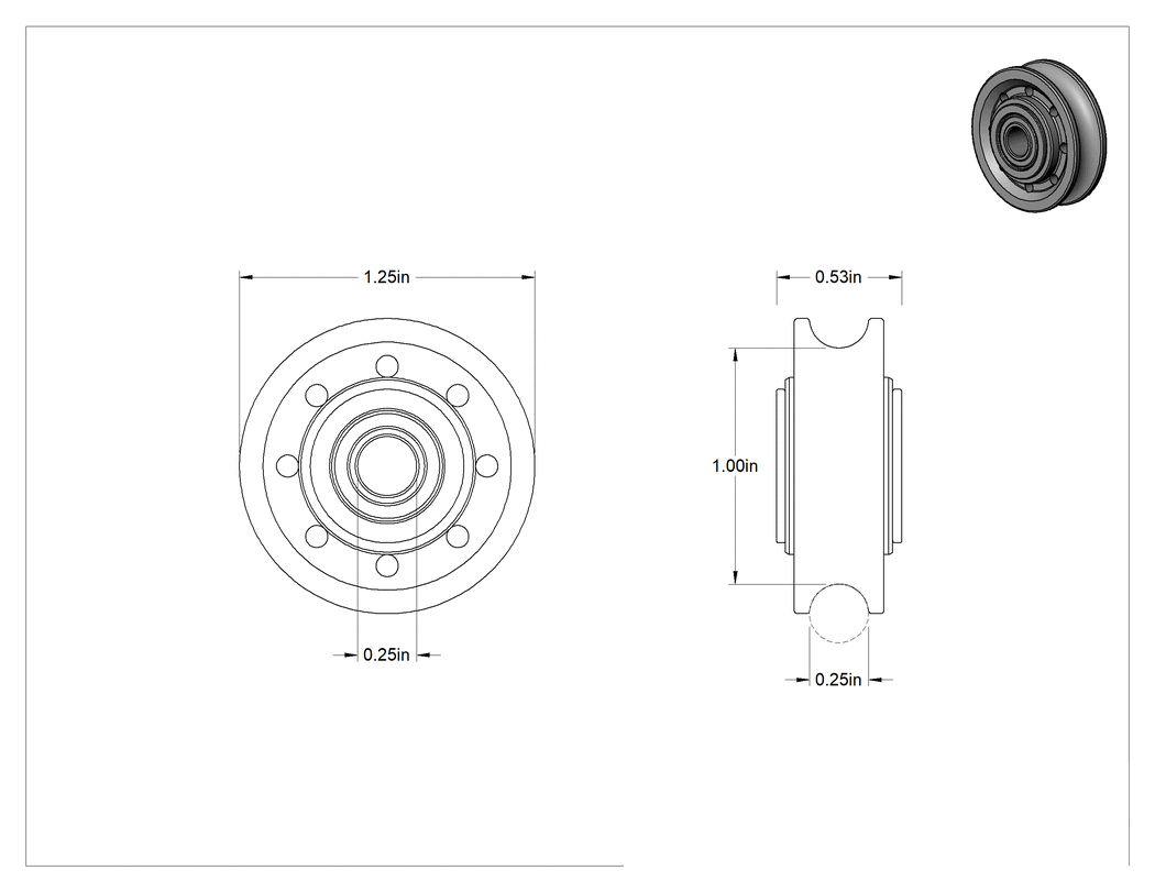 Teknik Çizim - Yatay Çekme için Halat Kasnağı, Rulmanlı, Paslanmaz Çelik, 1/4" Çap için, 1-1/4" Dış Çap